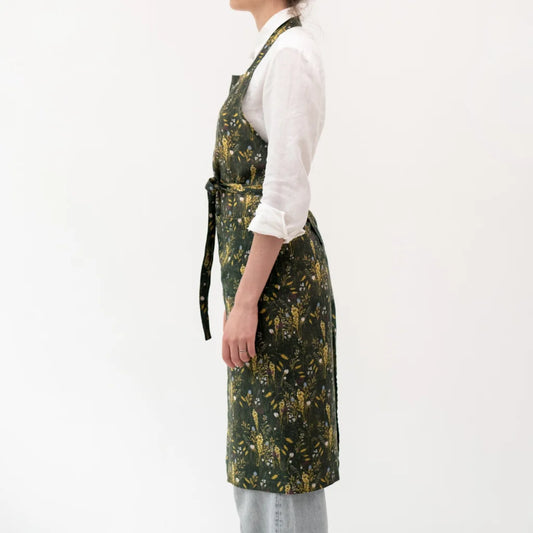 Leinen Kochschürze Gräser in Dunkelgrün+Gelb Grün+Gelb Muster Gräser von Linen Tales Größe 100 cm breit+ 98 cm lang