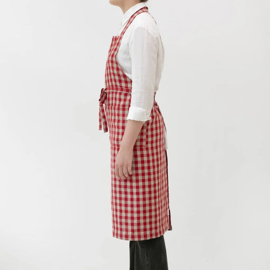 Leinen Kochschürze Karo in Rot+Beige Muster Karo von Linen Tales Größe 100 cm breit+ 98 cm lang