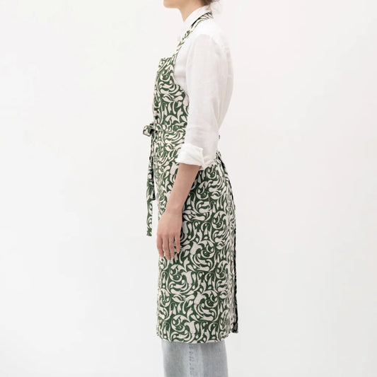 Leinen Kochschürze Ranke in Grün+Beige Muster Ranke von Linen Tales Größe 100 cm breit+ 98 cm lang