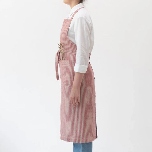 Leinen Kochschürze Streifen in Rot+Creme Muster Streifen von Linen Tales Größe 100 cm breit+ 98 cm lang