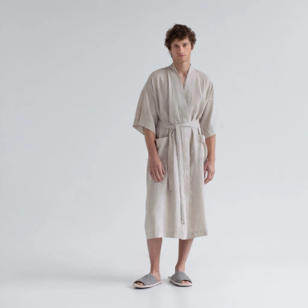 Leinen Morgenmantel in Beige von Linen Tales Größe L+XL