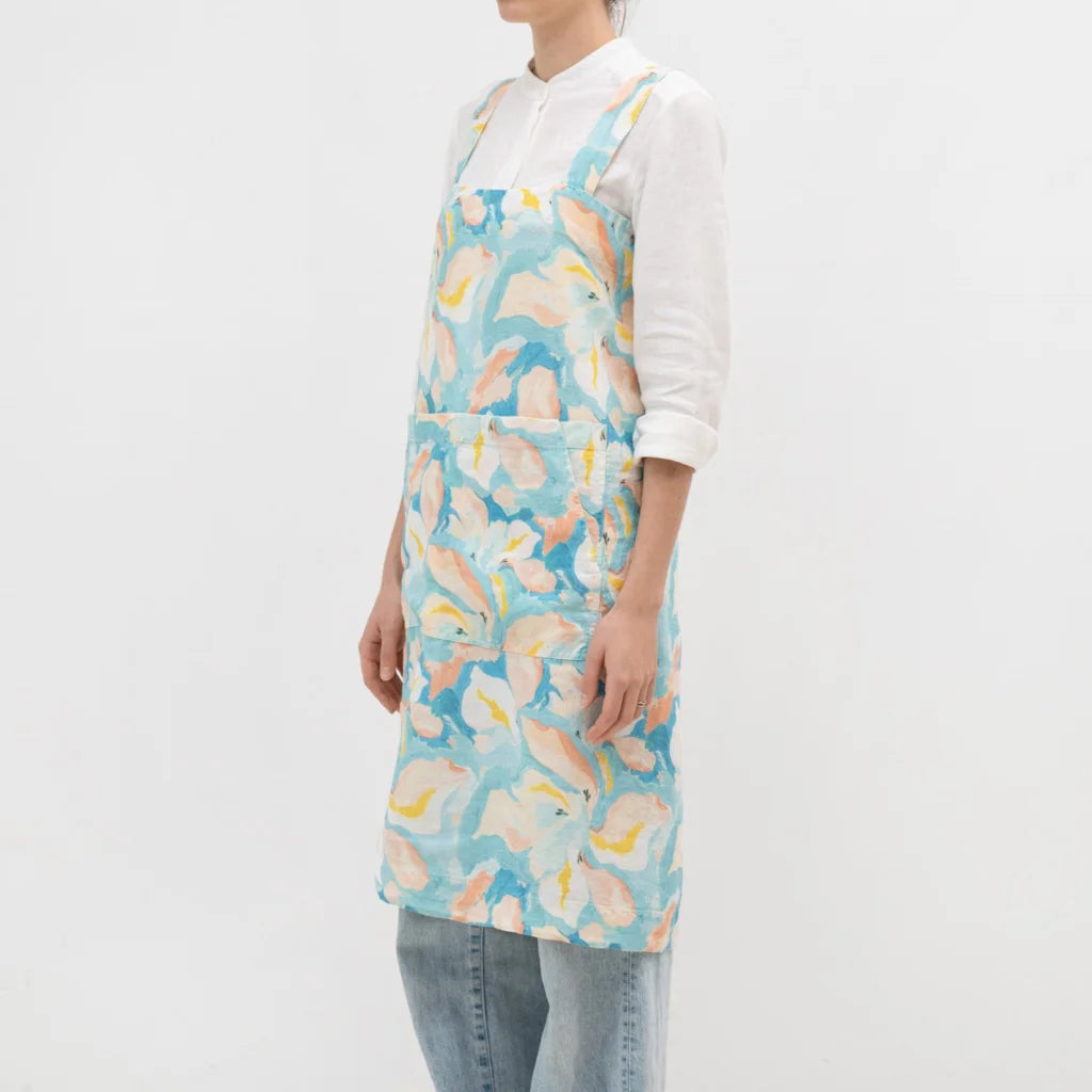 Leinen Pinafore-Schürze Aquarell in Atlantik+Apricot Blau+Orange Muster Aquarell von Linen Tales Größe 114 cm breit+ 83 cm lang