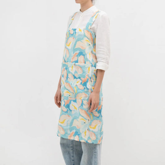 Leinen Pinafore-Schürze Aquarell in Atlantik+Apricot Blau+Orange Muster Aquarell von Linen Tales Größe 114 cm breit+ 83 cm lang