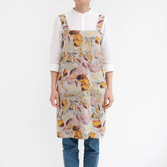 Leinen Pinafore-Schürze Aquarell in Creme+Orange Muster Aquarell von Linen Tales Größe 114 cm breit+ 83 cm lang