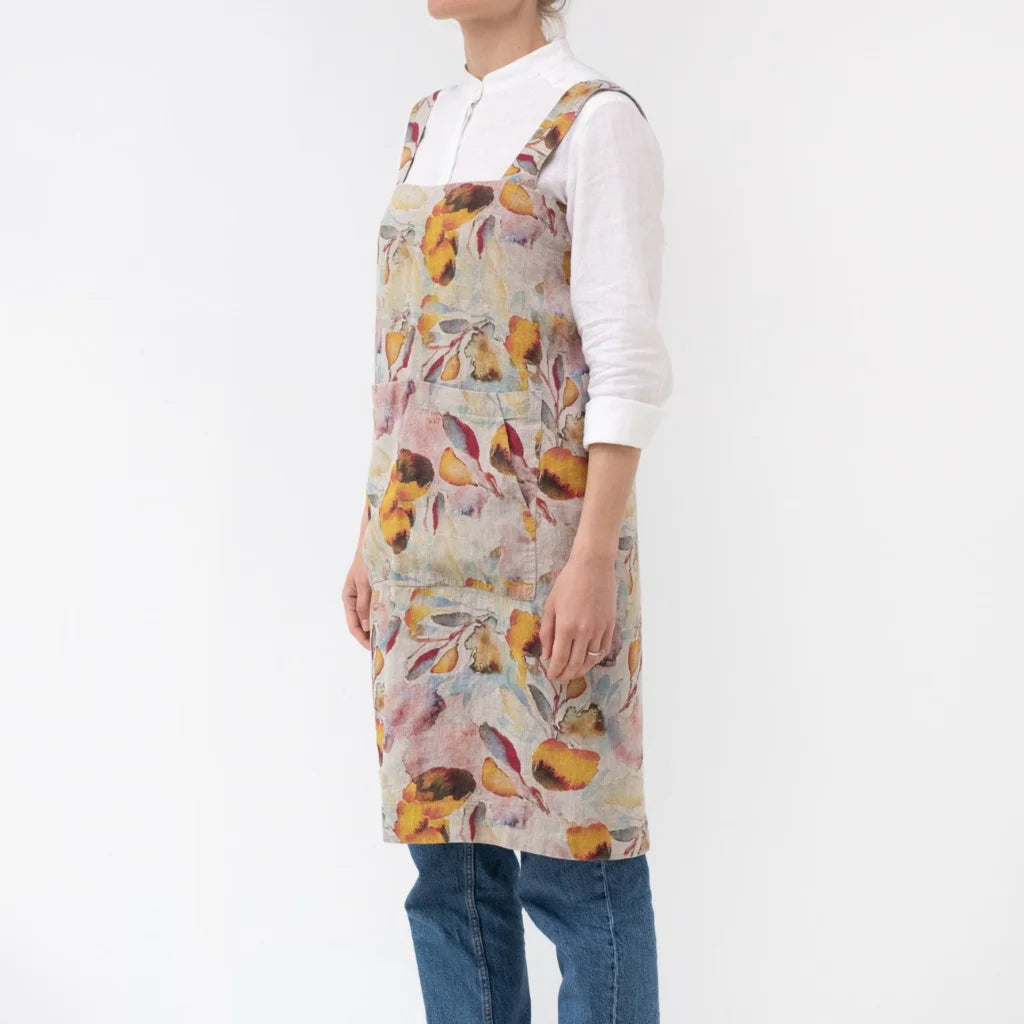 Leinen Pinafore-Schürze Aquarell in Creme+Orange Muster Aquarell von Linen Tales Größe 114 cm breit+ 83 cm lang