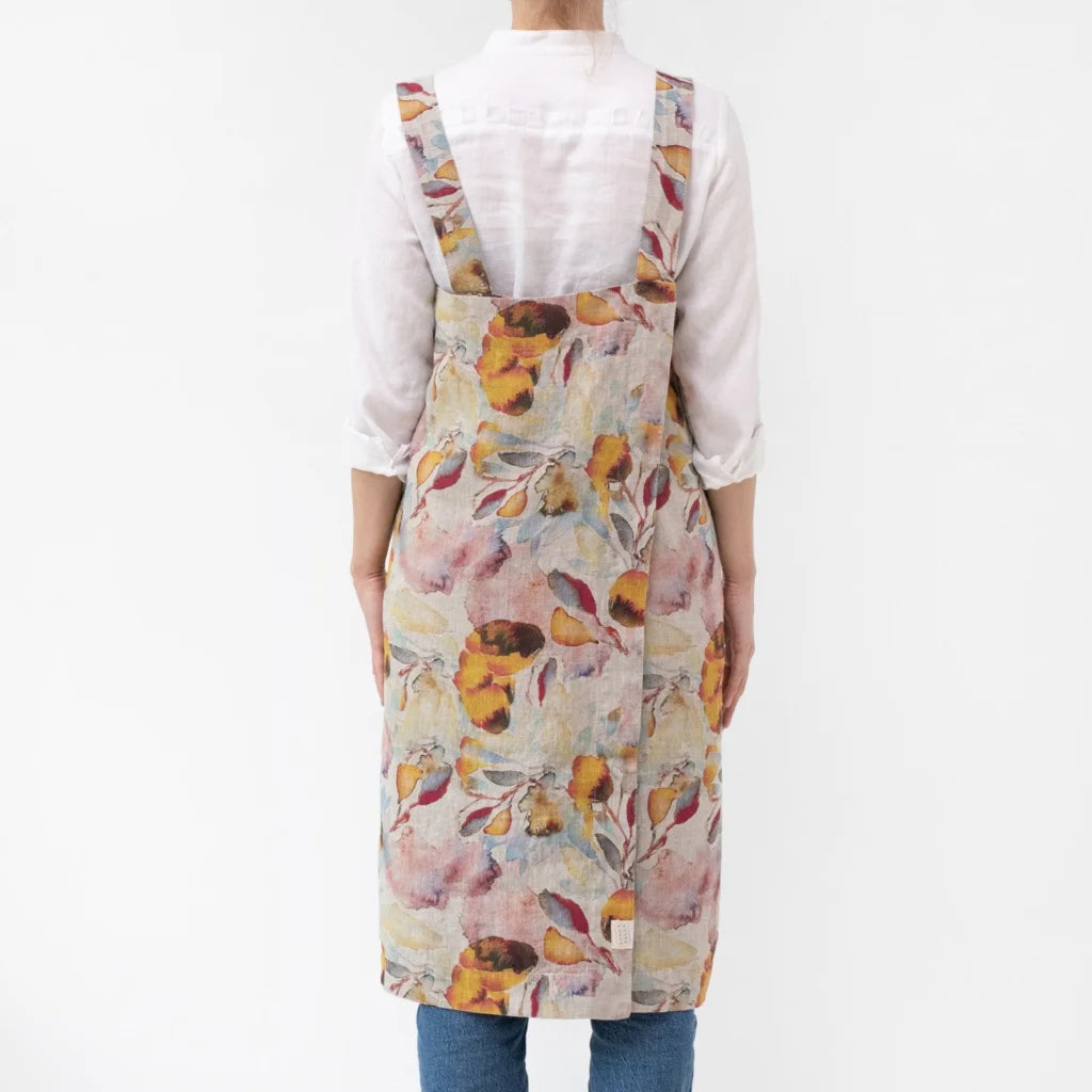 Leinen Pinafore-Schürze Aquarell in Creme+Orange Muster Aquarell von Linen Tales Größe 114 cm breit+ 83 cm lang