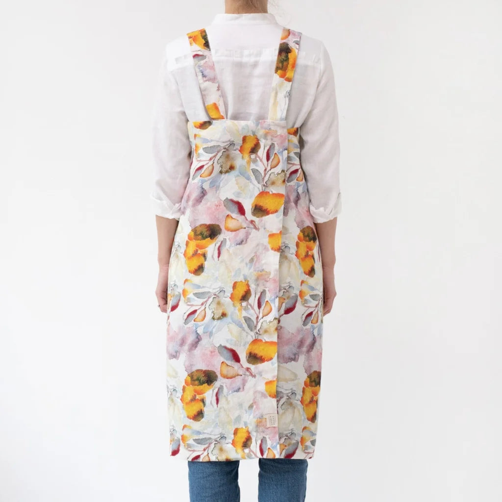 Leinen Pinafore-Schürze Aquarell in Weiß+Orange Muster Aquarell von Linen Tales Größe 114 cm breit+ 83 cm lang