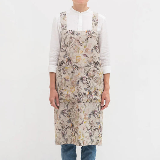 Leinen Pinafore-Schürze Blumen in Creme+Flieder+Gelb Creme+Lila+Gelb Muster Blumen von Linen Tales Größe 114 cm breit+ 83 cm lang