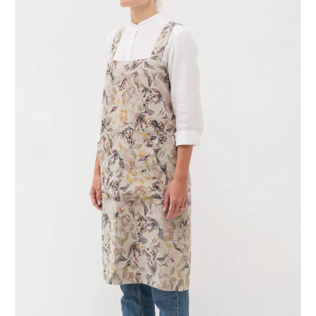 Leinen Pinafore-Schürze Blumen in Creme+Flieder+Gelb Creme+Lila+Gelb Muster Blumen von Linen Tales Größe 114 cm breit+ 83 cm lang