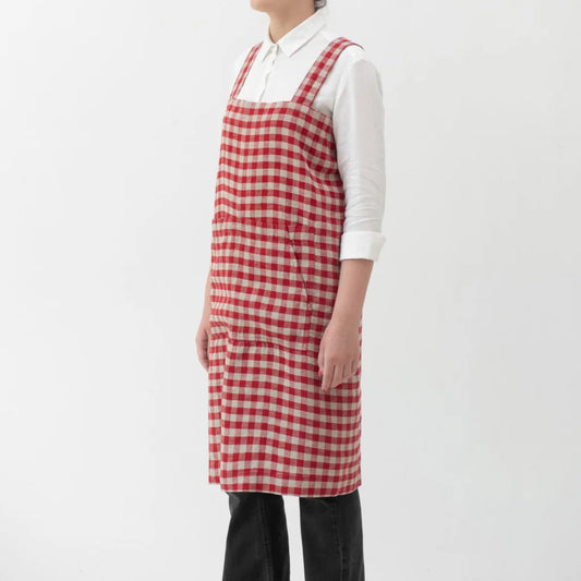 Leinen Pinafore-Schürze Karo in Rot+Beige Muster Karo von Linen Tales Größe 114 cm breit+ 83 cm lang