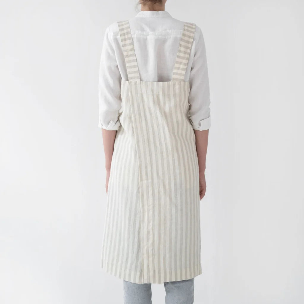 Leinen Pinafore-Schürze Streifen in Creme+Beige Muster Streifen von Linen Tales Größe 114 cm breit+ 83 cm lang