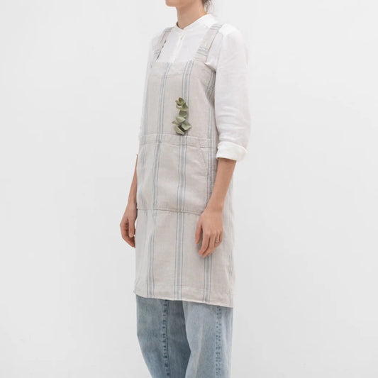 Leinen Pinafore-Schürze Streifen in Hellgrau+Blau Grau+Blau Muster Streifen von Linen Tales Größe 114 cm breit+ 83 cm lang