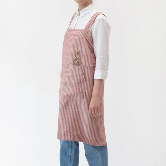 Leinen Pinafore-Schürze Streifen in Rot+Creme Muster Streifen von Linen Tales Größe 114 cm breit+ 83 cm lang