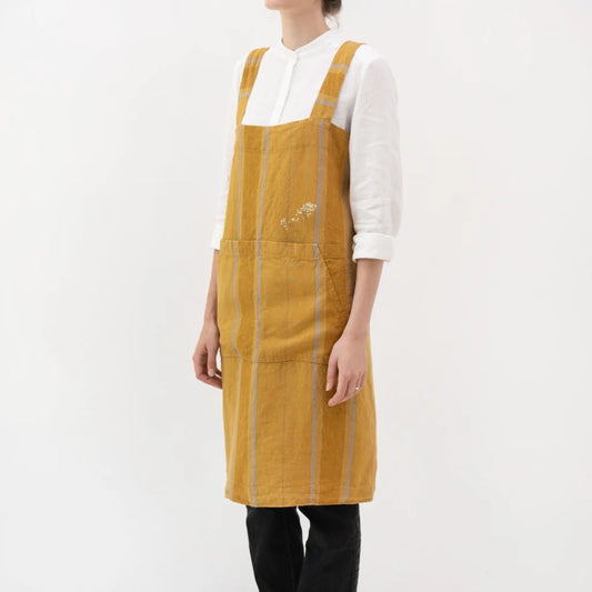 Leinen Pinafore-Schürze Streifen in Senfgelb+Bronze Gelb+Gelb Muster Streifen von Linen Tales Größe 114 cm breit+ 83 cm lang