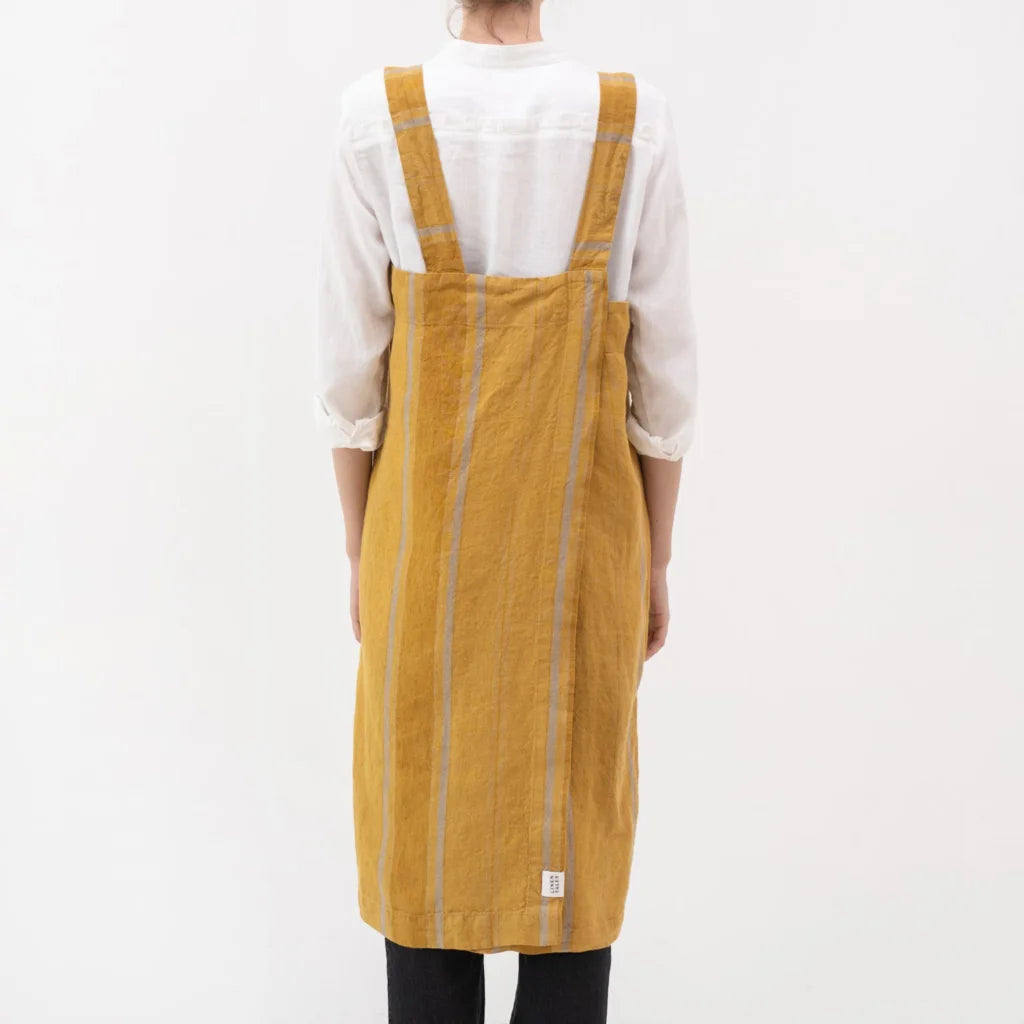 Leinen Pinafore-Schürze Streifen in Senfgelb+Bronze Gelb+Gelb Muster Streifen von Linen Tales Größe 114 cm breit+ 83 cm lang