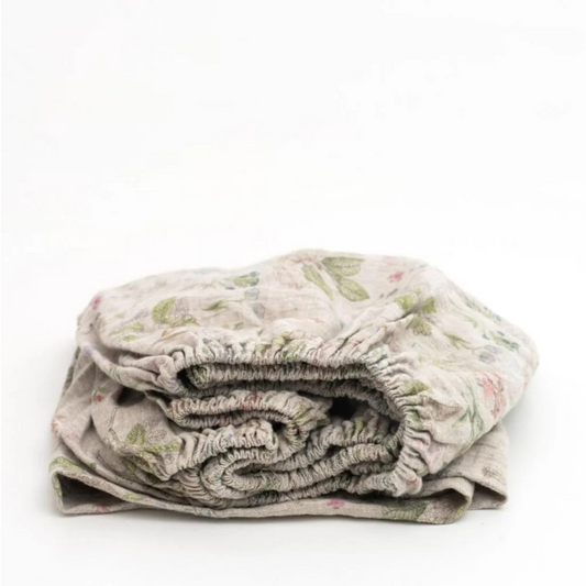 Leinen Spannbettlaken Botanik für Kinder-Matratzen in Creme+Rosa+Grün+Braun Muster Botanik von Linen Tales Größe 70x140 cm