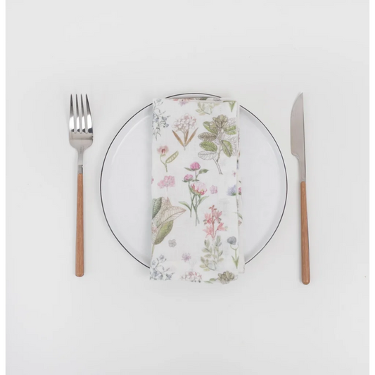 Leinen Stoffserviette Botanik 2er-Pack in Weiß+Rosa+Grün+Braun Muster Botanik von Linen Tales Größe 45x45 cm