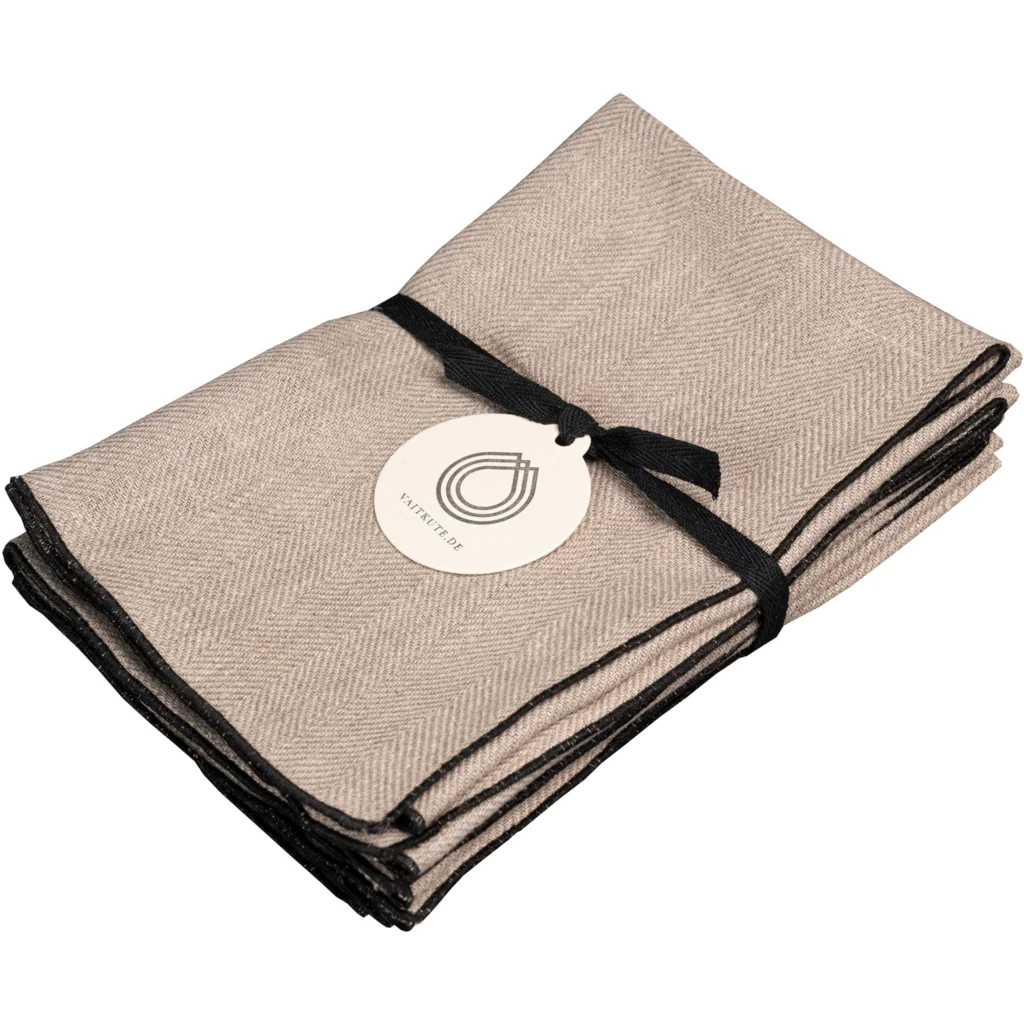 Leinen Stoffserviette mit Fischgrät-Muster 6er-Pack in Beige+Schwarz von Erika Vaitkute Größe 46x46 cm