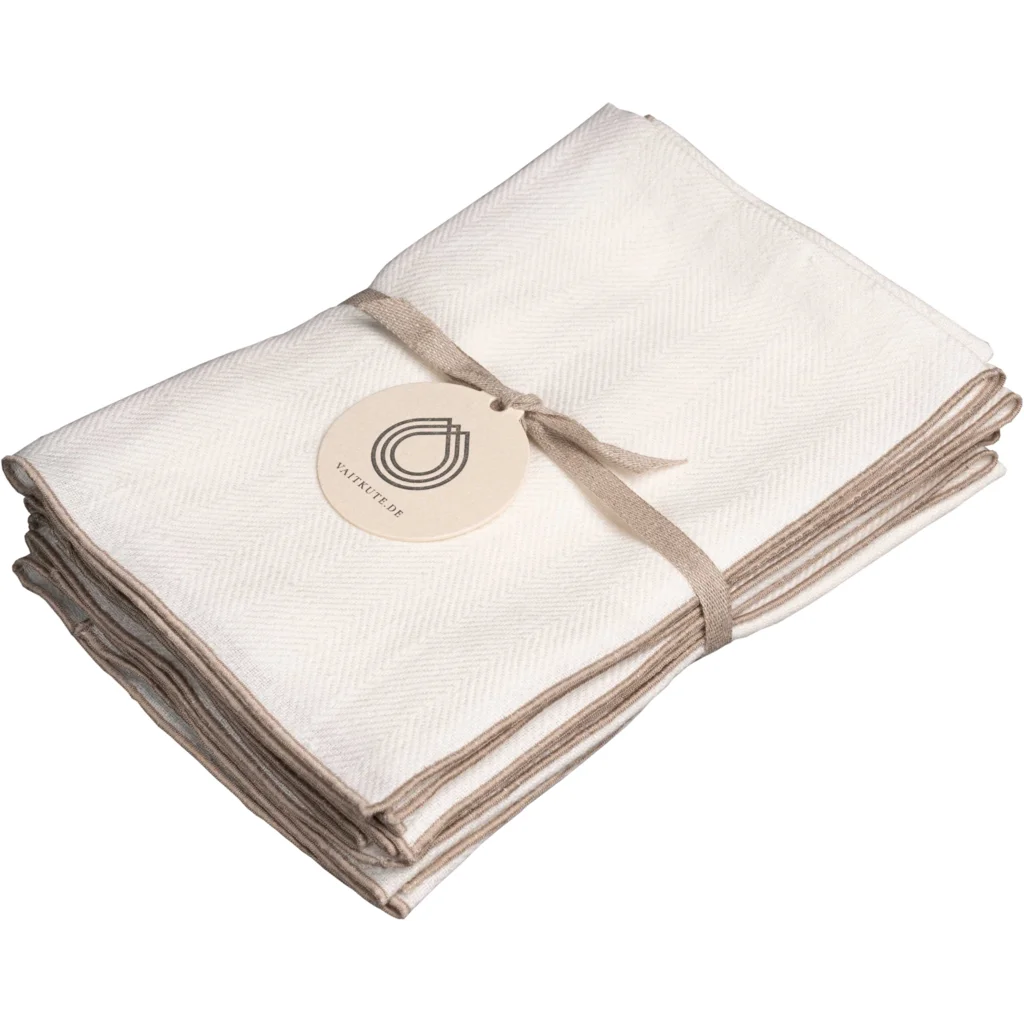 Leinen Stoffserviette mit Fischgrät-Muster 6er-Pack in Weiß+Beige Muster Fischgrät von Erika Vaitkute Größe 46x46 cm