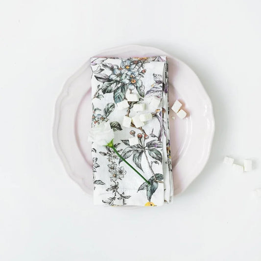 Leinen Stoffserviette Vögel 2er-Pack in Weiß+Flieder+Grün Weiß+Lila+Grün Muster Vögel von Linen Tales Größe 45x45 cm