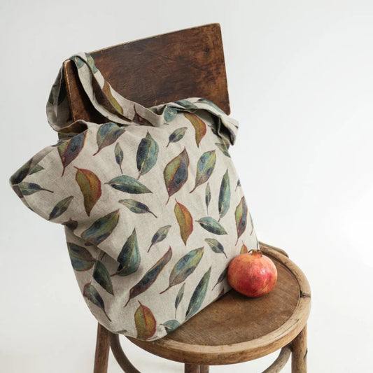 Leinen Tasche Blätter in Creme+Grün+Orange Muster Blätter von Linen Tales Größe 54 cm breit+ 60 cm lang
