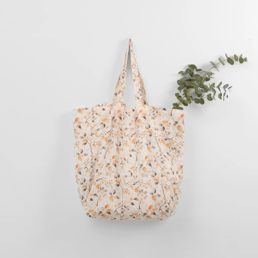 Leinen Tasche Blätter in Weiß+Orange+Grau Muster Blätter von Linen Tales Größe 54 cm breit+ 60 cm lang