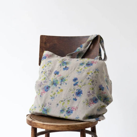 Leinen Tasche Blumen in Creme+Blau Muster Blumen von Linen Tales Größe 54 cm breit+ 60 cm lang