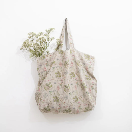 Leinen Tasche Botanik in Creme+Rosa+Grün+Braun Muster Botanik von Linen Tales Größe 54 cm breit+ 60 cm lang