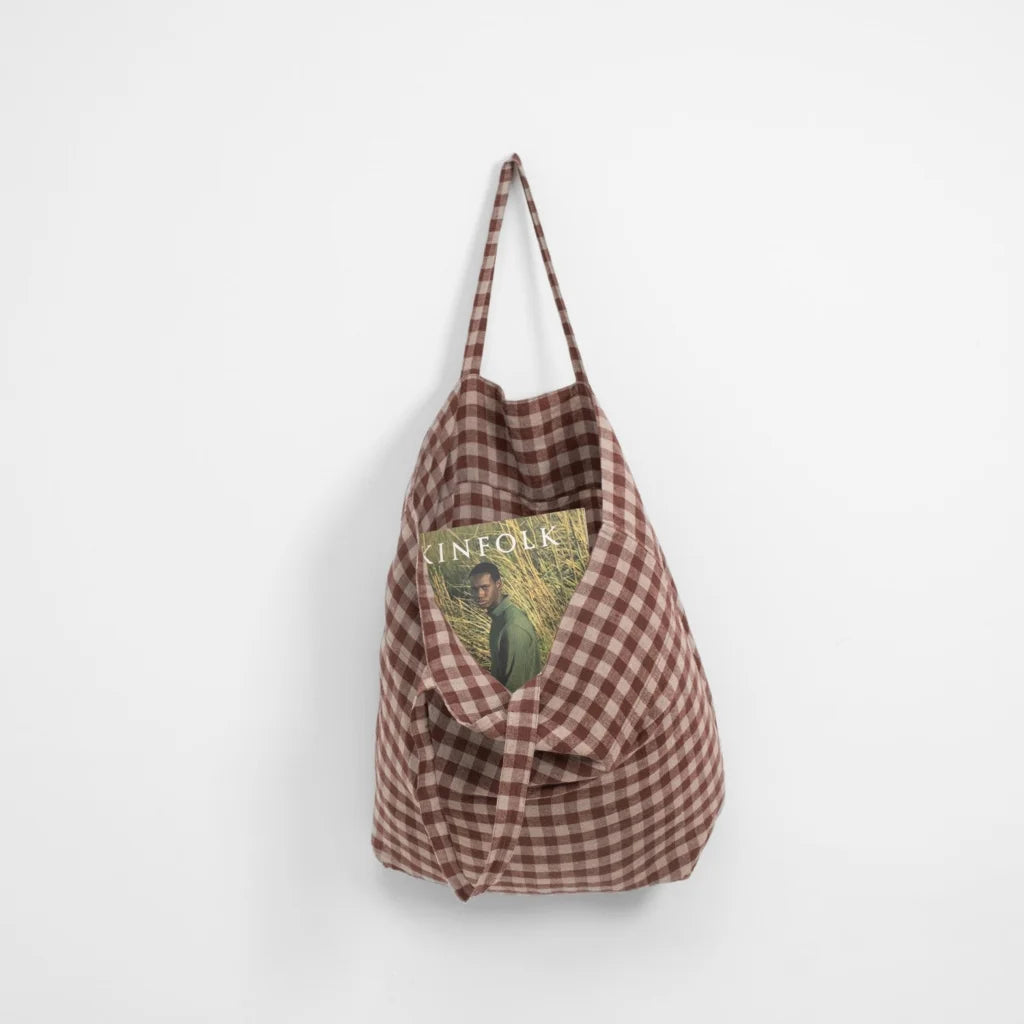 Leinen Tasche Karo in Schokolade+Beige Braun+Beige Muster Karo von Linen Tales Größe 54 cm breit+ 60 cm lang