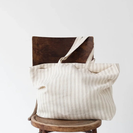 Leinen Tasche Streifen in Creme+Beige Muster Streifen von Linen Tales Größe 54 cm breit+ 60 cm lang