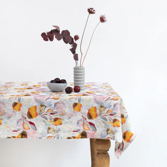 Leinen Tischdecke Aquarell in Weiß+Orange Muster Aquarell von Linen Tales Größe 140x200 cm