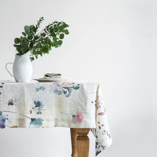 Leinen Tischdecke Blumen in Weiß+Lila+Orange Muster Blumen von Linen Tales Größe 140x200 cm
