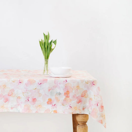 Leinen Tischdecke Blumen in Weiß+Rosa+Orange Muster Blumen von Linen Tales Größe 140x200 cm