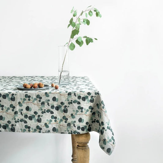 Leinen Tischdecke Eukalyptus in Creme+Grün+Dunkelgrün Creme+Grün+Grün Muster Eukalyptus von Linen Tales Größe 140x200 cm