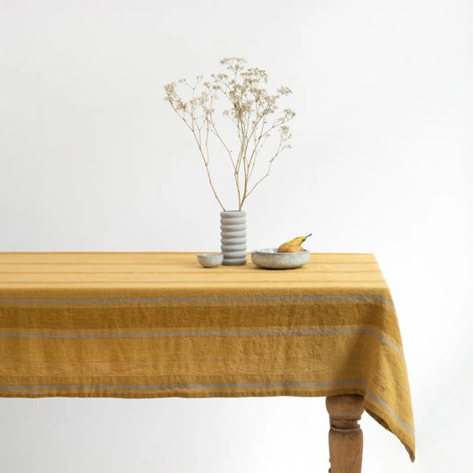 Leinen Tischdecke Streifen in Senfgelb+Bronze Gelb+Gelb Muster Streifen von Linen Tales Größe 140x200 cm