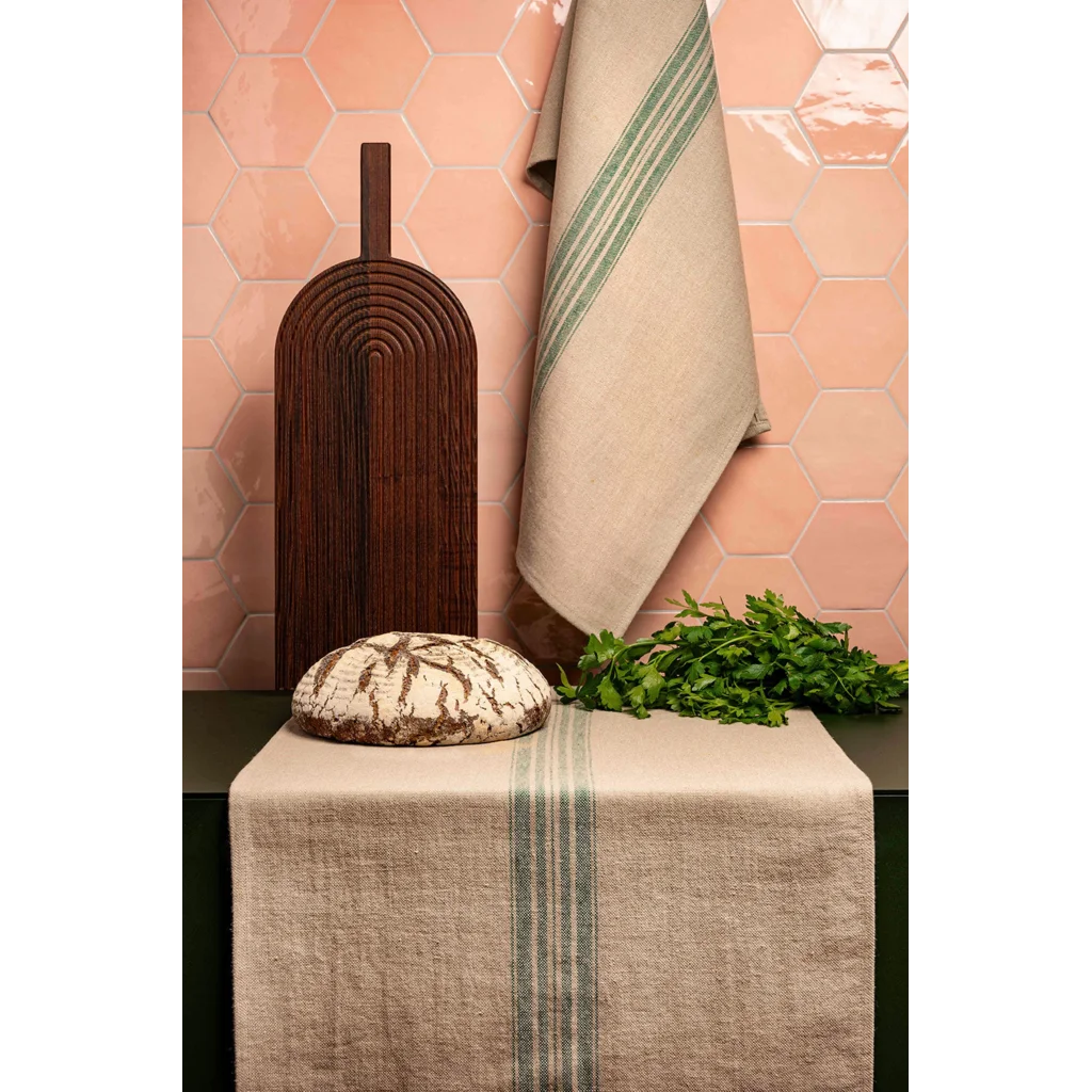 Leinen Tischläufer JARA in Beige+Grün Muster Streifen von Erika Vaitkute Größe 43x150 cm