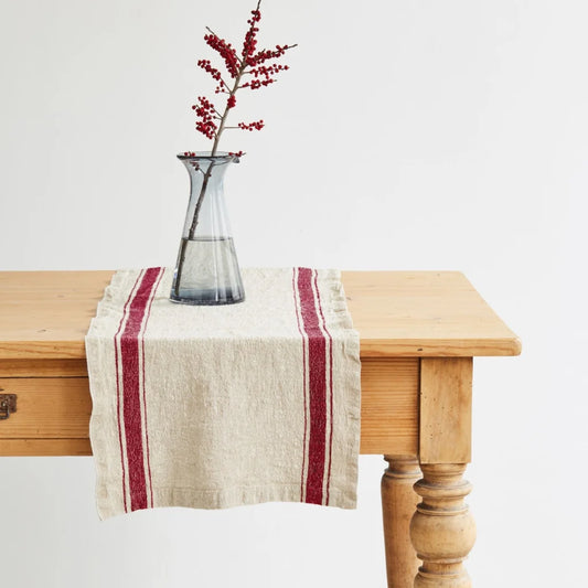 Leinen Tischläufer Vintage in Creme+Rot Muster Streifen von Linen Tales Größe 40x200 cm
