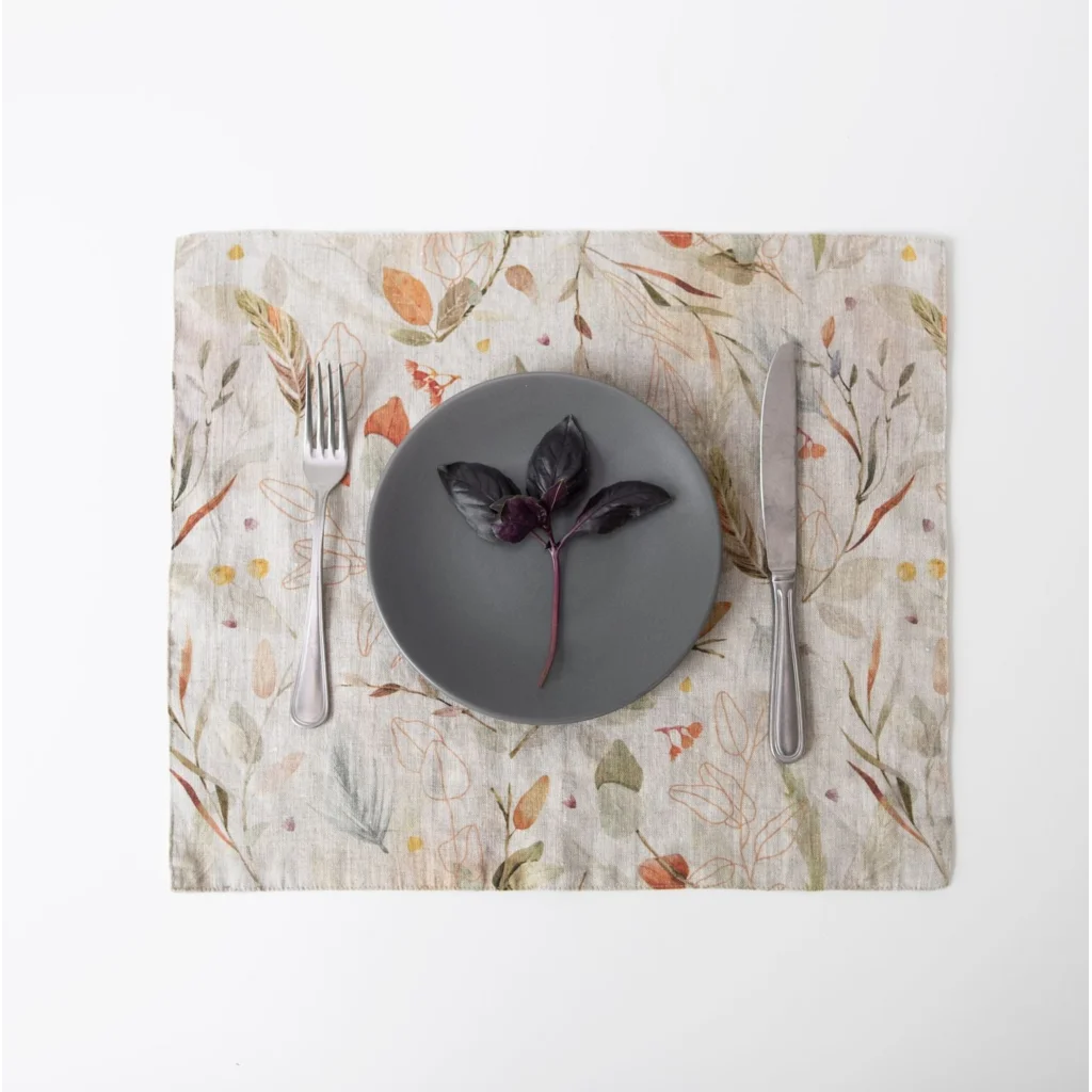 Leinen Tischset Blätter 2er-Pack in Creme+Braun Muster Blätter von Linen Tales Größe 35x45 cm