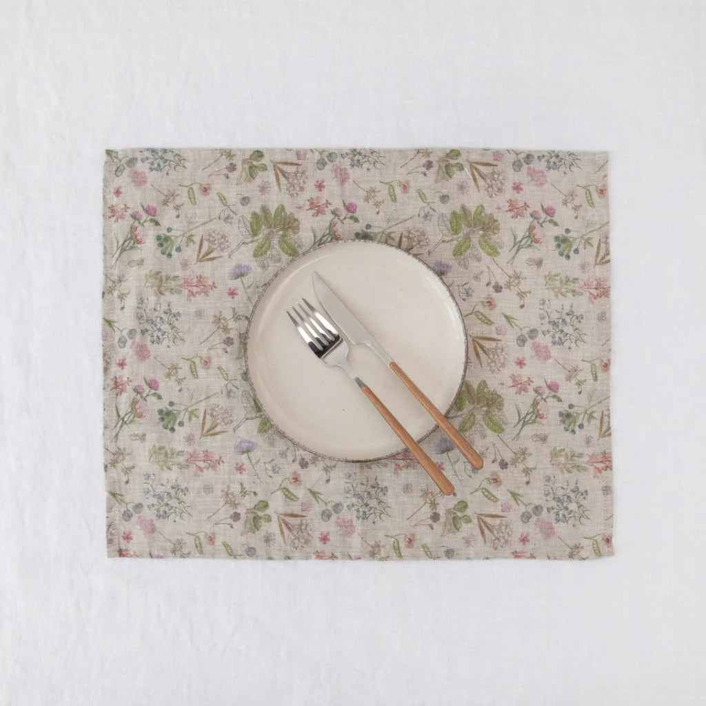 Leinen Tischset Botanik 2er-Pack in Creme+Rosa+Grün+Braun Muster Botanik von Linen Tales Größe 35x45 cm