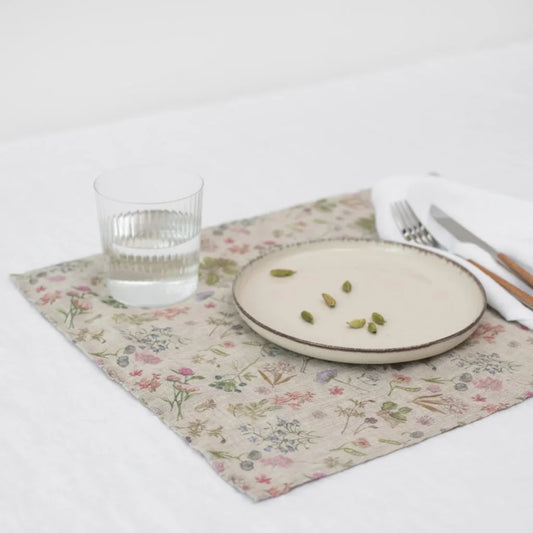 Leinen Tischset Botanik 2er-Pack in Creme+Rosa+Grün+Braun Muster Botanik von Linen Tales Größe 45x35 cm