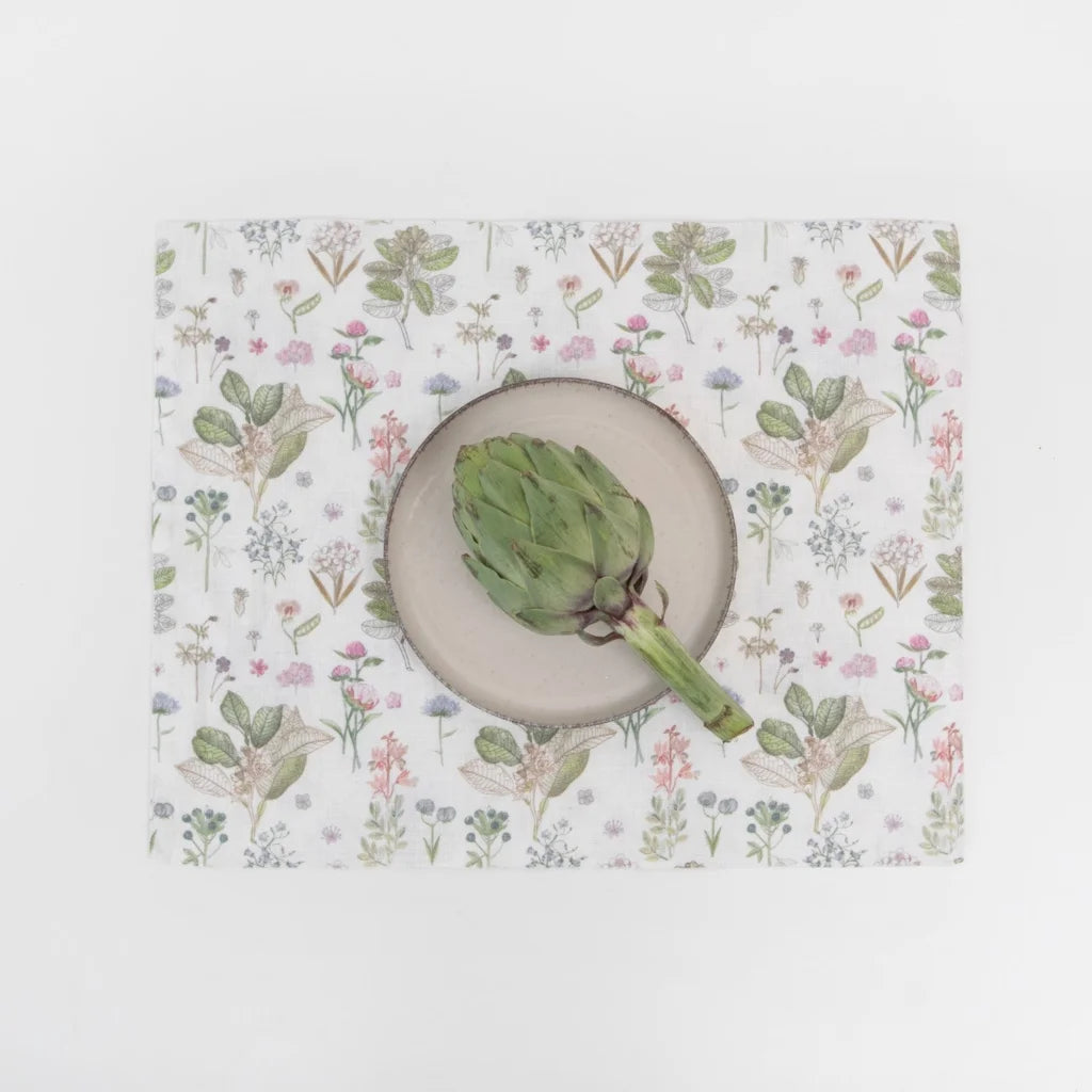 Leinen Tischset Botanik 2er-Pack in Weiß+Rosa+Grün+Braun Muster Botanik von Linen Tales Größe 35x45 cm