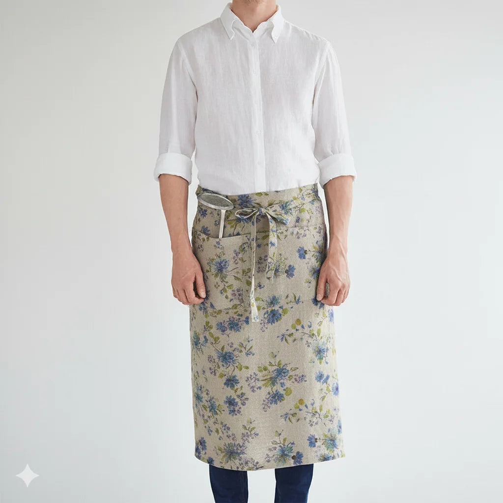 Leinen Vorbinder Blumen in Creme+Blau Muster Blumen von Linen Tales Größe 105 cm breit+ 78 cm lang