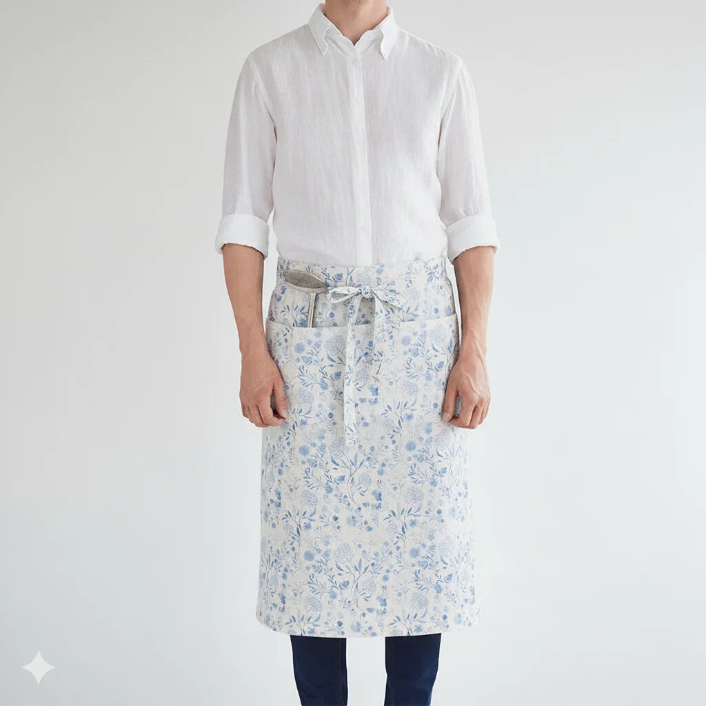 Leinen Vorbinder Blumen in Weiß+Blau Muster Blumen von Linen Tales Größe 105 cm breit+ 78 cm lang