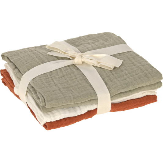 Mull Baby-Tuch 3er-Pack in Olive+Creme+Rost Grün+Creme+Rot von Lässig Größe 60x60 cm
