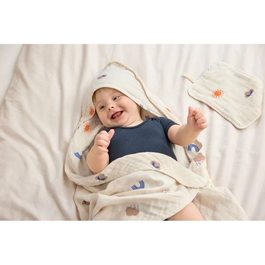 Musselin Baby-Geschenkset 2-teilig in Creme Muster Regenbogen+Sonne+Wolken von Lässig Größe 0-24 Monate