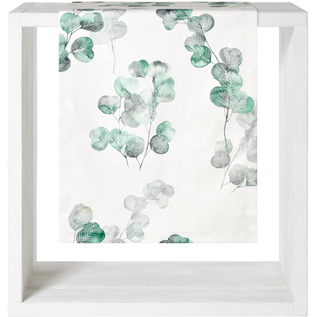 Tischdecke Blätter in Weiß+Dunkelgrün+Grau Weiß+Grün+Grau Muster Blätter von Proflax Größe 150x250 cm