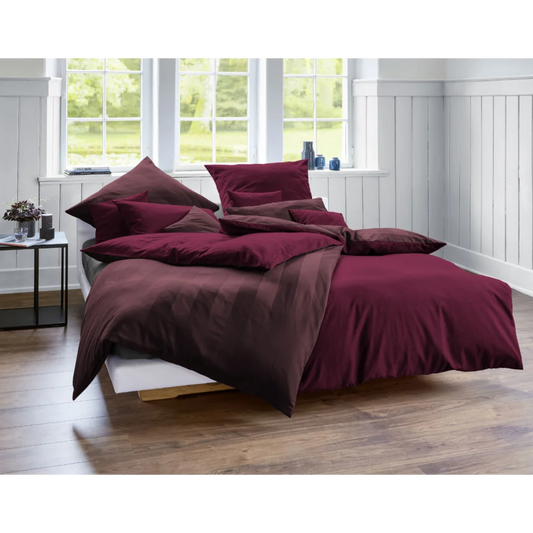 Bio Edel-Biber+Satin Wendebettwäsche Tandem Garnitur in Teak+Himbeere Braun+Beere von Cotonea Größe 135x200 + 80x80 cm