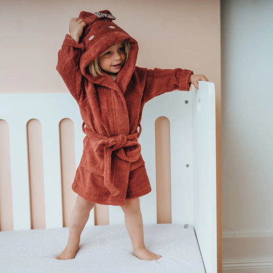 Bio Frottier Baby-+Kinder-Bademantel Hase in Rost Rot Muster Hase von kikadu Größe 1-2 Jahre