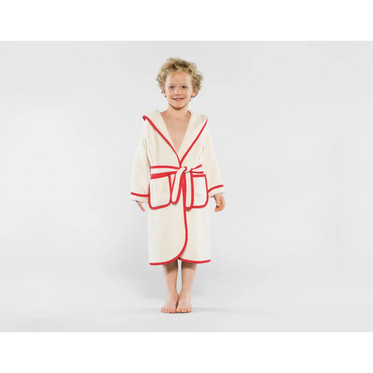 Bio Frottier Kinder-Bademantel in Creme+Rot Creme von Cotonea Größe 98+104