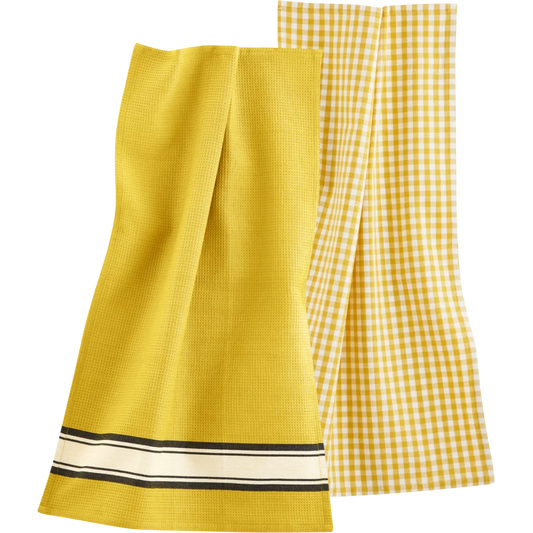 Bio Geschirrtuch 2er-Pack in Curry Gelb Muster Karo- und Streifendesign von Living Crafts Größe 50x75 cm
